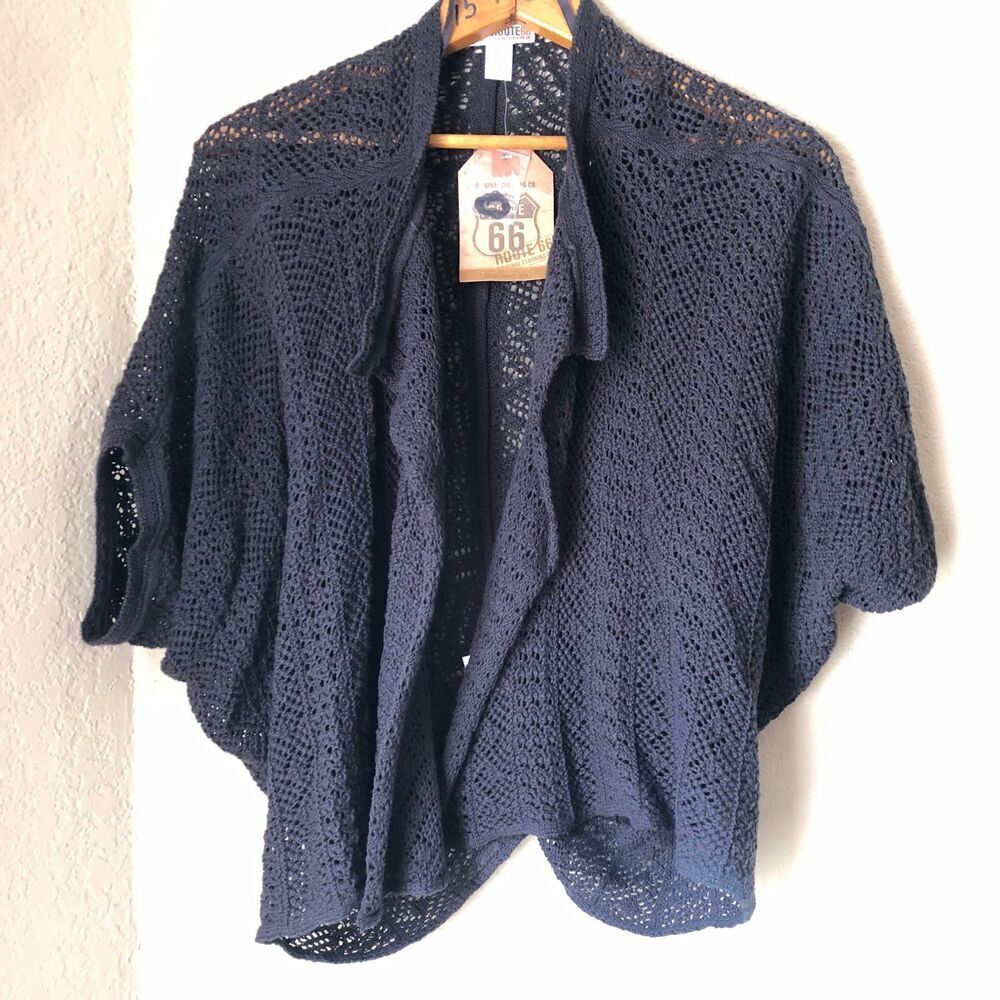 Vtg Route 66 Large Womens Crochet Cropped Black Cardigan Moody Goth 90s Y2K
